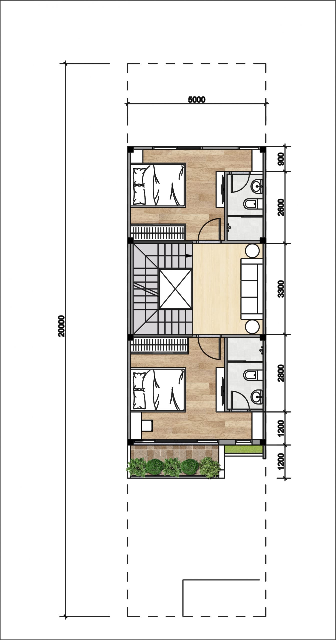 Nhà liên kế phố dự án Gem Sky World có diện tích đất 5x20 m2 được thiết kế 3 phòng ngủ, 4 phòng vệ sinh, 1 tầng thượng và 1 tầng mái. Tầng 2 gồm 2 phòng ngủ, 1 phòng sinh hoạt và 2 phòng vệ sinh trong