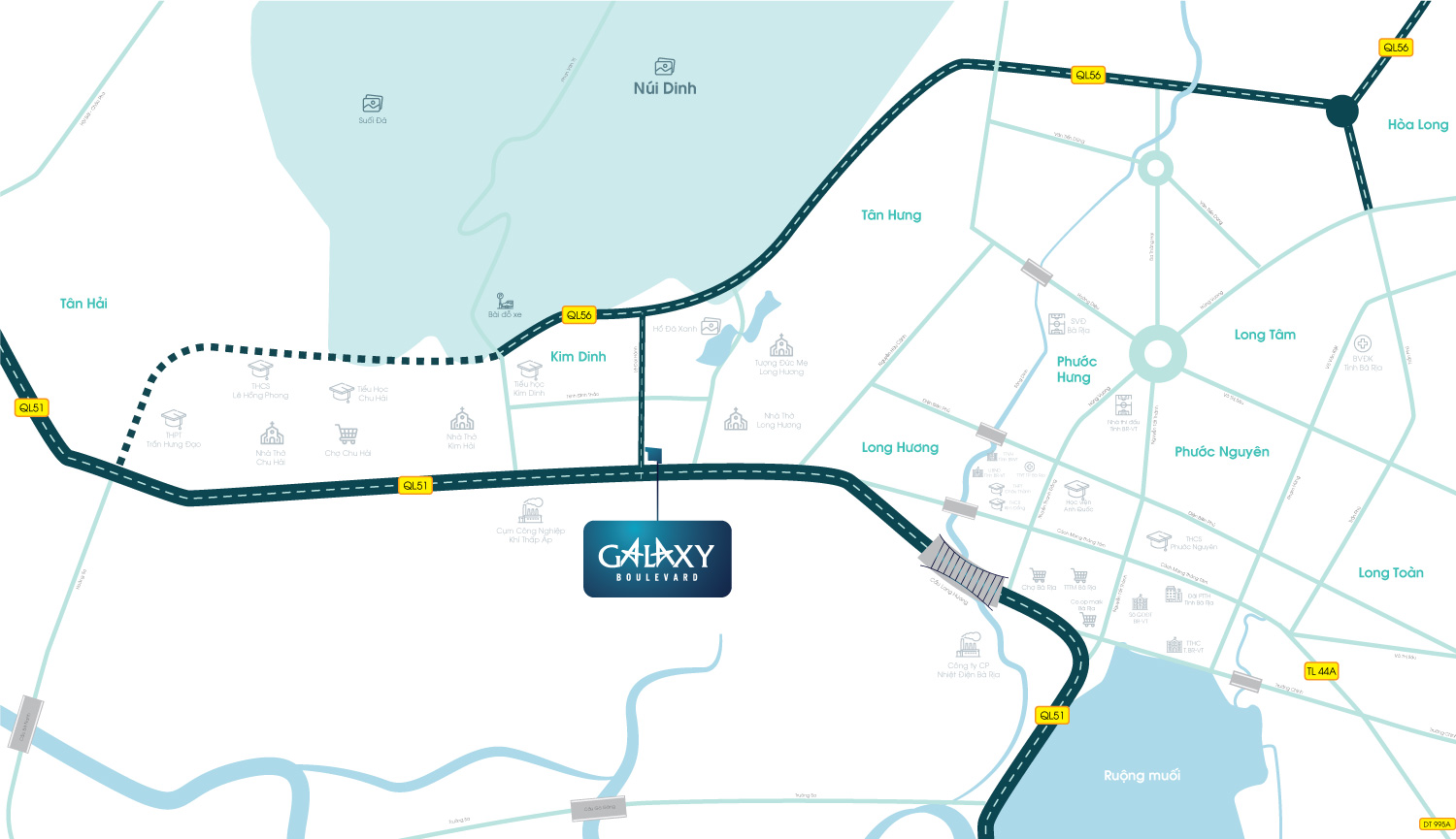 Dự án Galaxy Boulevard có vị trí chiến lược, cửa ngõ giao thương giữa 3 vùng kinh tế trọng điểm của Miền Nam là Bà Rịa Vũng Tàu – Đồng Nai – HCM. Vị trí dự án cũng là nơi giao thoa của 2 thị trường bất động sản nóng nhất hiện nay là Bà Rịa – Vũng Tàu và Đồng Nai (khu vực xung quanh sân bay Quốc tế Long Thành).